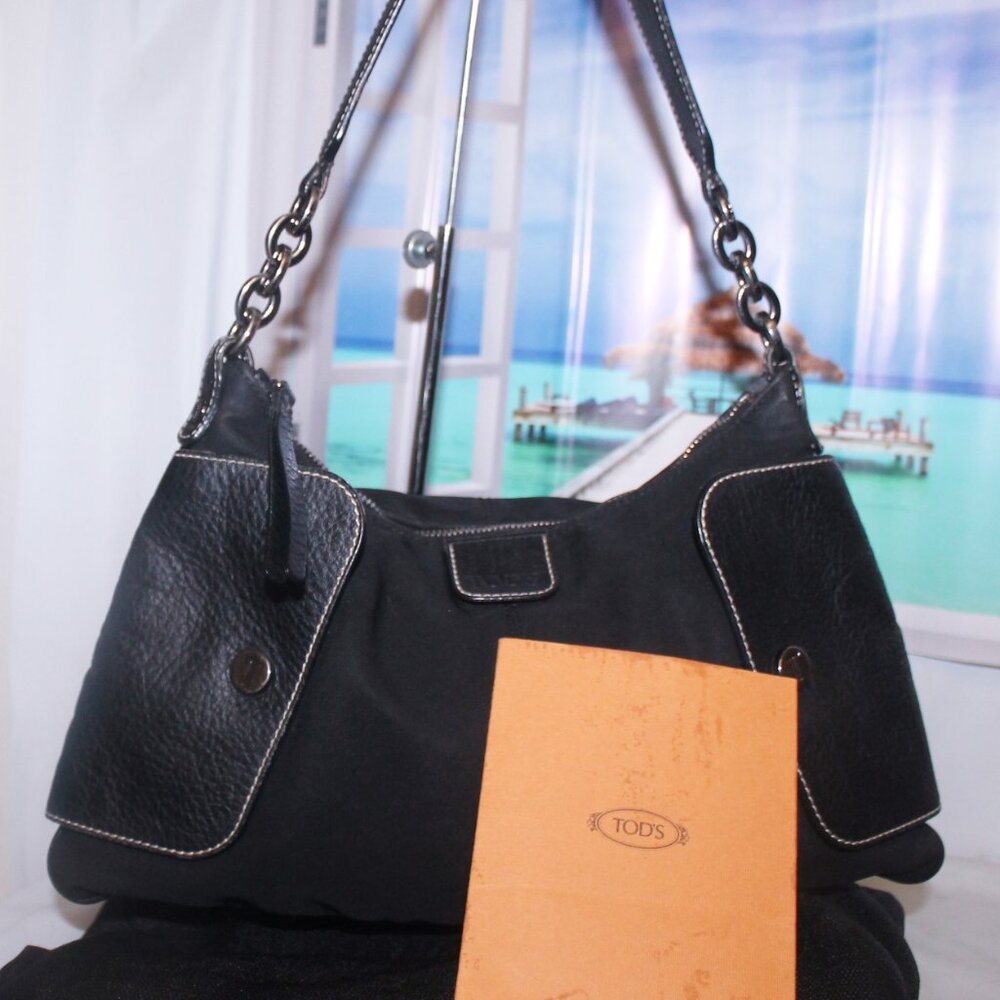 Auth Tod's Italy Fabric & Leather w Chain Hobo Shoulder Bag Purse w Paperwork
